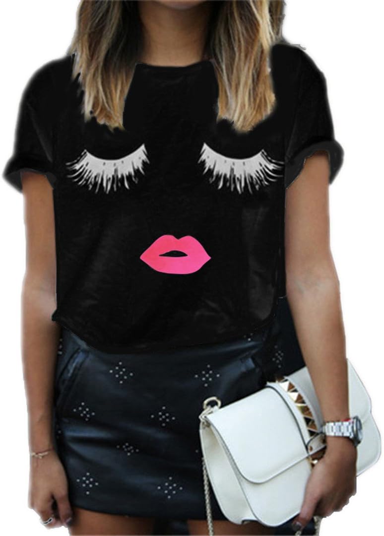 DAZUICHUN Women Clothing Black White Cotton Summer Women T-Shirt Casual Lashes Lips