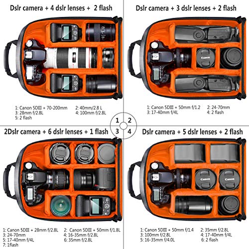 Camera Case, Camera Bag with Waterproof, Adjustable Velcro, Shockproof, 9x4.33x12.6 inch, SLR/DSLR Camera Backpack for Sony Canon Nikon Lens, Flash, Mirrorless Camera and Other Accessories(Orange)