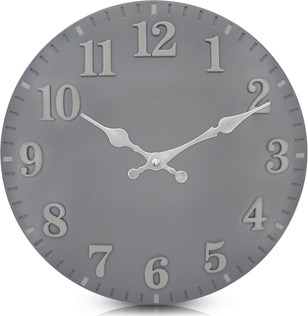 eYotto 12" Garden Clock Waterproof Silent Battery Operated Gray Decor