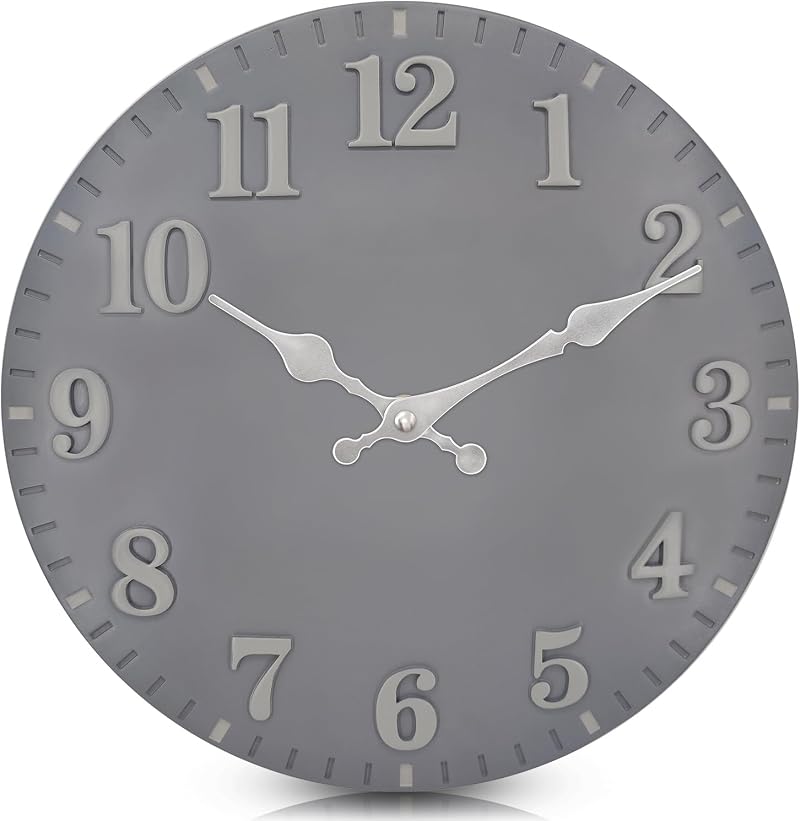 eYotto 12" Garden Clock Waterproof Silent Battery Operated Gray Decor