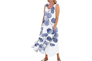 RDEGOOCHA Women 2024 Summer Tank Dress Sleeveless U Neck Printed/Solid Boho Beach Shirt Maxi Flowy Linen Cotton Dresses with Pocket