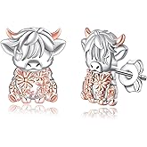 Highland Cow Earrings for Women - 925 Sterling Silver Cute Highland Cow Flower Gifts Jewelry Scottish Animal Stud Earrings for Birthday Hypoallergenic