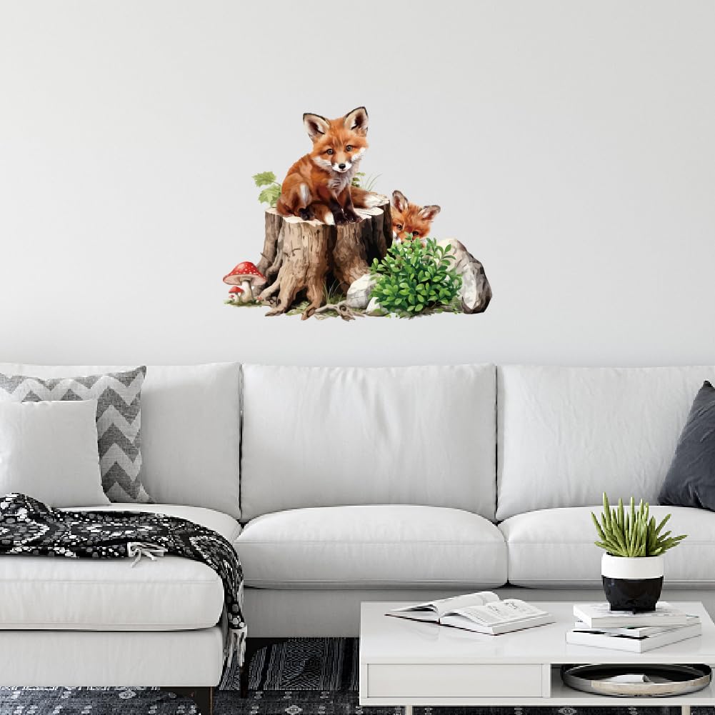 SUPERDANT Stump Fox Wall Stickers Carton Foxes Wall Decals Cute Animal Mushroom Vinyl DIY Art Decor for Baby Nursery Children Bedroom Living Room Wall Decor 70x39cm