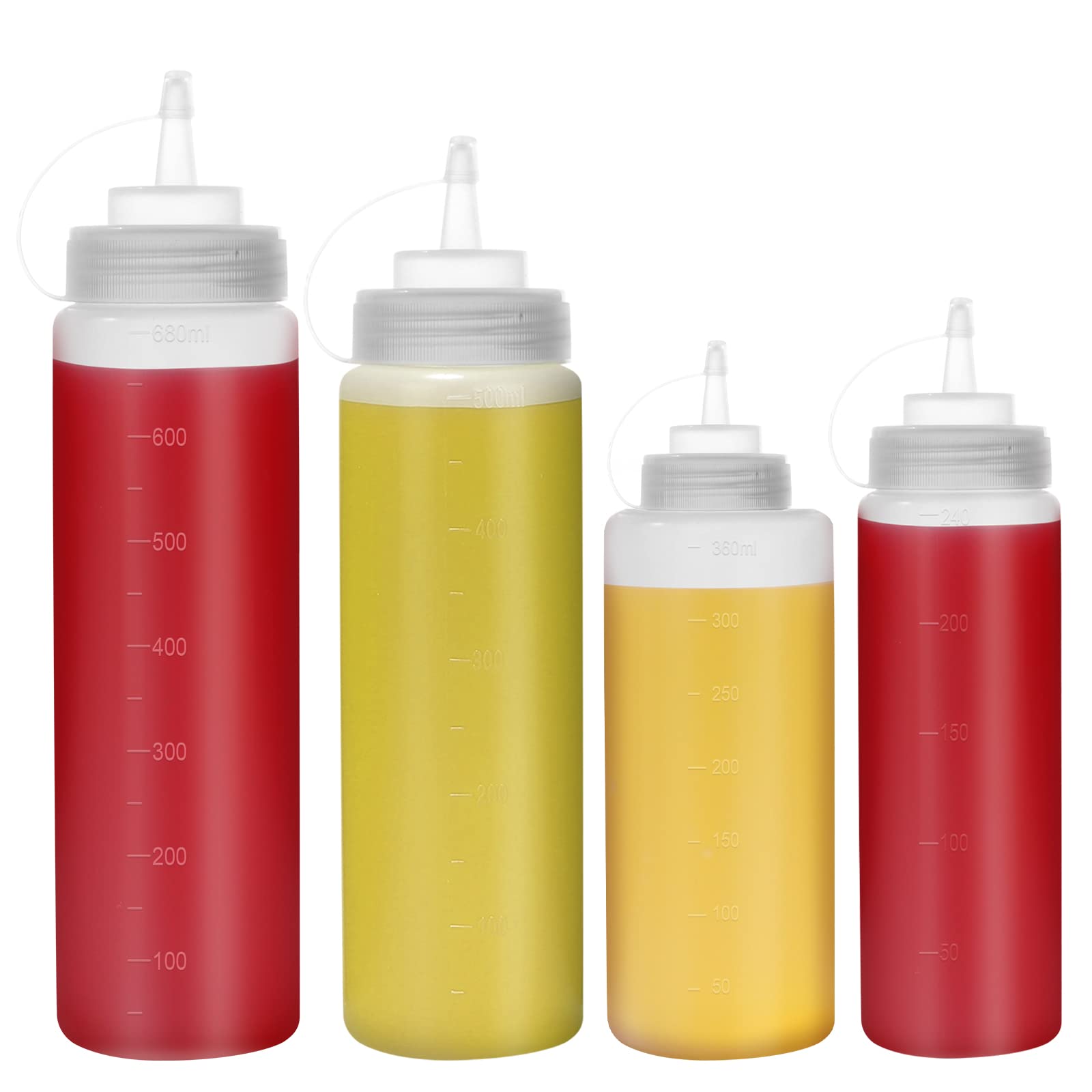 Squeeze Bottles with Caps, Happybase 4 Pack Squeezy Sauce Bottles, 8oz 12oz 16oz 22oz Plastic Squeeze Dispensers with Measurements for Ketchup, BBQ, Sauces, Syrup, Dressings