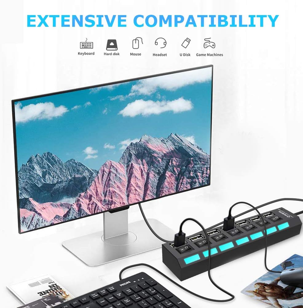 Multi Port USB Splitter, 7-Ports USB 2.0 Hub High Speed ON/Off Individual Switch with LEDs Compatible for All USB Device (7-Ports): Computers & Accessories