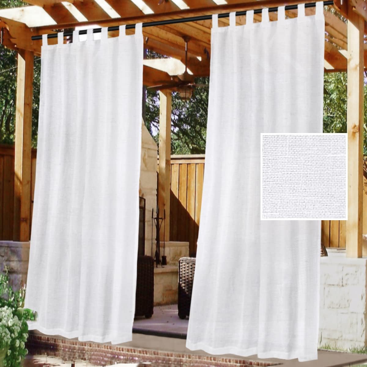 Outdoor Curtains - H.VERSAILTEX Outdoor Linen Sheer Curtains for Patio Waterproof - Indoor/Outdoor Divider Privacy Added Light Filtering Porch Decor -Stick Tab Top for Gazebo/Cabana, Pure White, 1 Piece, W52 x L84