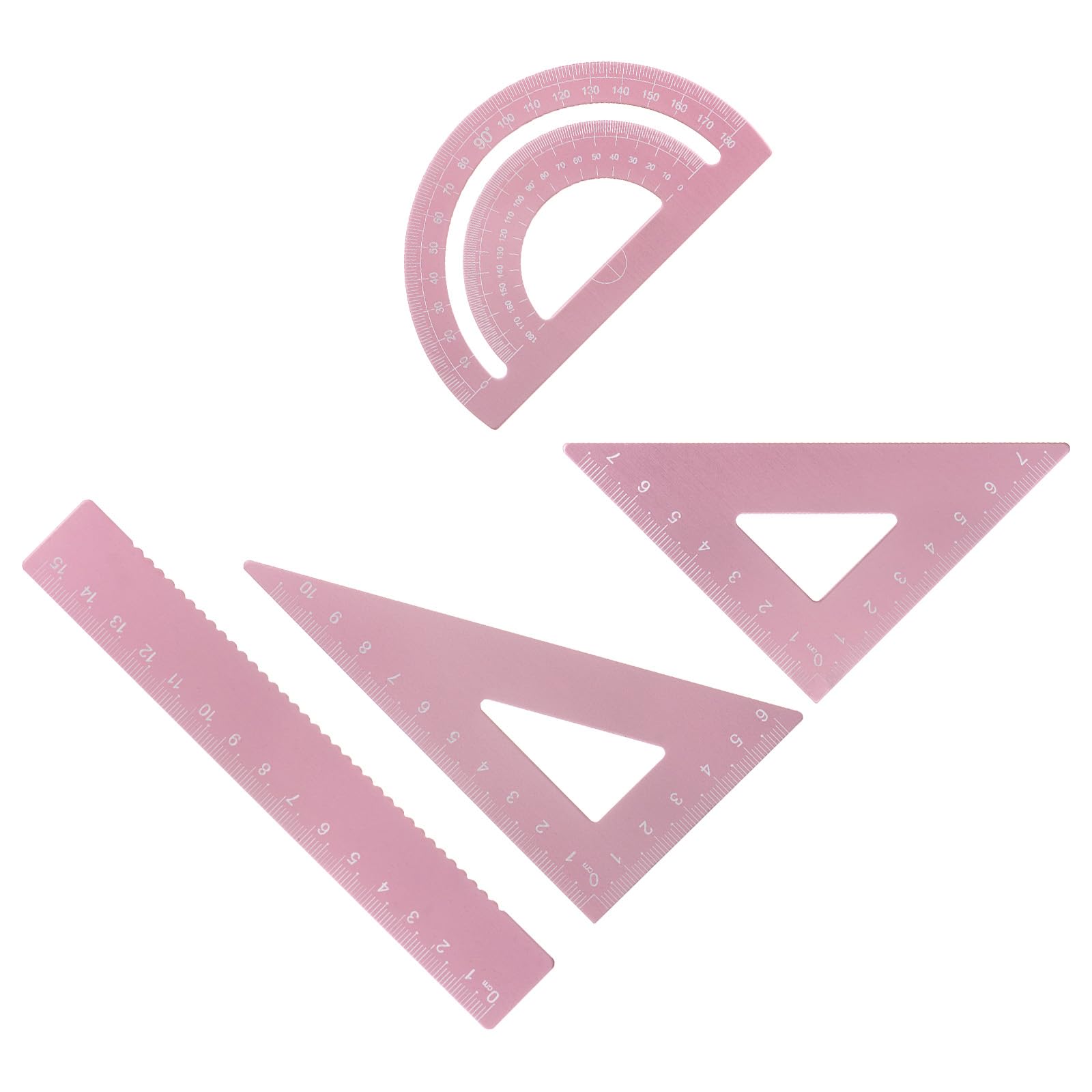 Kozelo 8pcs Geometry Set - [15cm Ruler] Aluminum Alloy Precise Measurement Laser Engraving Math Set Pink for Office Classroom Use, 180 Degree Protractor 7cm Triangle 10cm Triangle