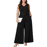 Womens Plus Size Sleeveless V Neck Wide Leg Dressy Jumpsuit with Pockets | Removable Waist Belt, Curve-Flattering Fit, Back Hidden Zipper, One-Piece Romper, Business Casual