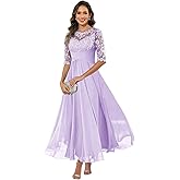 Qbnme Tea Length Mother of The Bride Dresses for Women Lace Chiffon Half Sleeve Formal Wedding Guest Dress