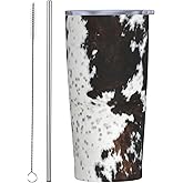 XUNNEECY White and Brown Cow Skin Tumbler Cup with Lid and Straw, 20 oz Stainless Steel Insulated Travel Mug, Hot and Cold Water Bottle, Animals Skin Souvenir for Men Women