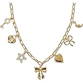 OTEEGX Gold Charm Necklaces for Women, 18K Gold Plated Bow Pendant Necklace Gold Heart Chain Aesthetic Star Jewelry