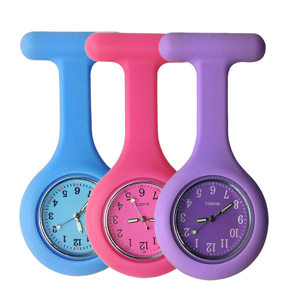 SibyTech Set of 3 Nurse Watch Brooch, Silicone with Pin/Clip, Glow in Dark, Health Care Nurse Doctor Paramedic Medical Brooch Fob Watch - Blue Pink Purple