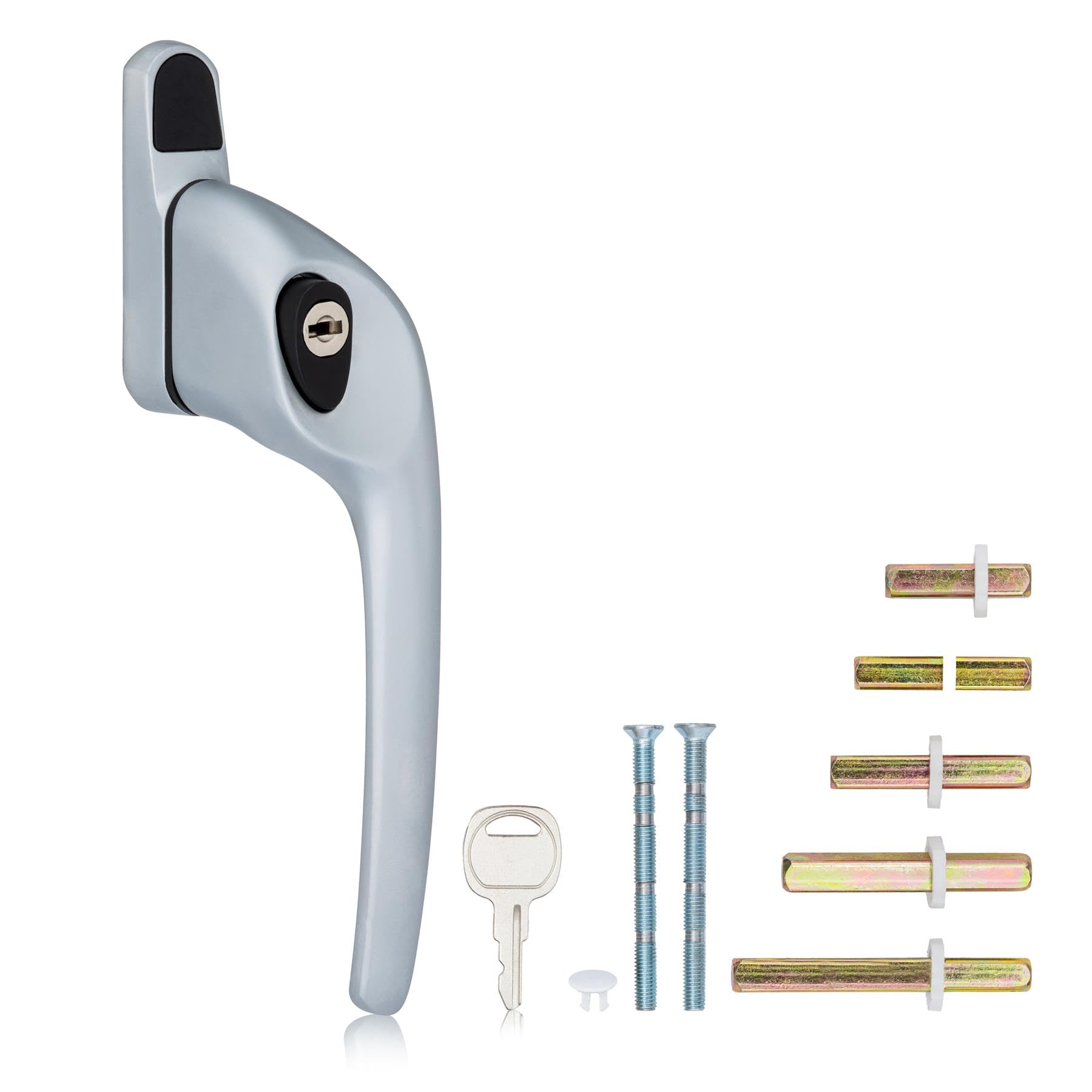 XFORT Cranked Locking Window Handle Installation Kit in Satin Chrome, Right Hand UPVC Window Handle Replacement, Offset Lockable Window Lever