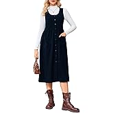 Women's Corduroy Overall Floral Midi Dress Sleeveless Button Front Fall Winter Casual Jumper Tank Dress