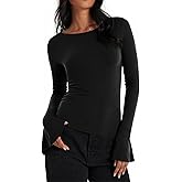 Cicy Bell Womens Long Bell Sleeve Tops Boat Neck Going Out Fitted Shirts Trendy Casual Basic Tees