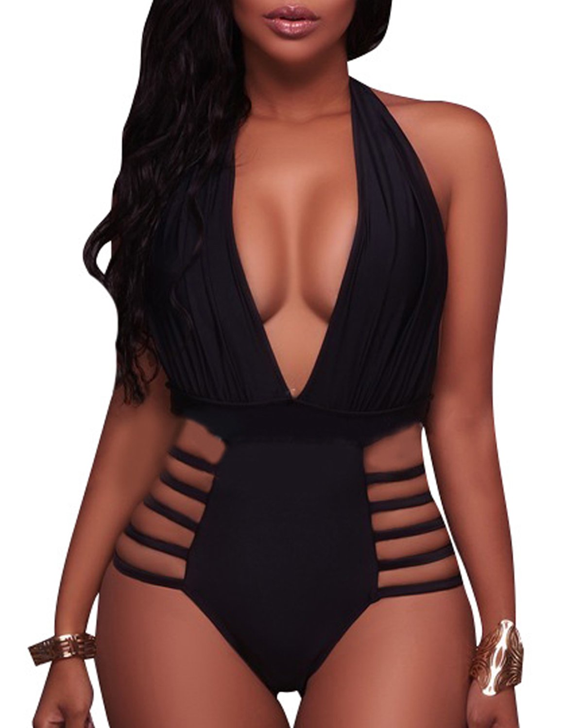 Women Sexy Cut Out Backless One Piece Swimsuit Deep V Neck Halter Monokini Bathing Suit High Leg Cut Swimwear Black M