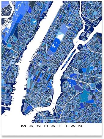 Manhattan Map Print 8x10, New York Manhattan Map Poster 24x36, Handmade Blue Geometric Manhattan Map Art Prints NYC by Maps As Art