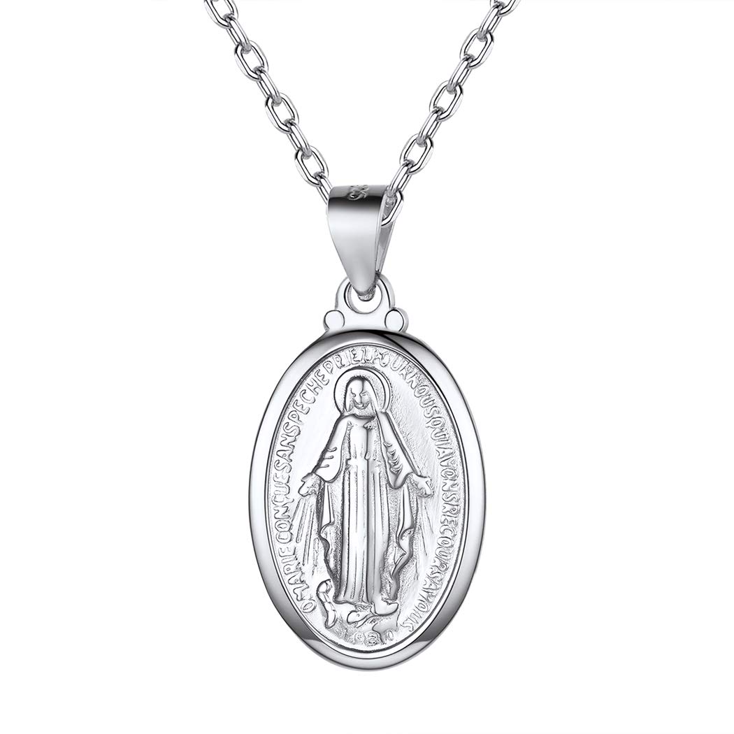Suplight 925 Sterling Silver Oval Virgin Mary Miraculous Medal Necklace Catholic Religious Coin Necklaces for Women Virgin Marie Pendant