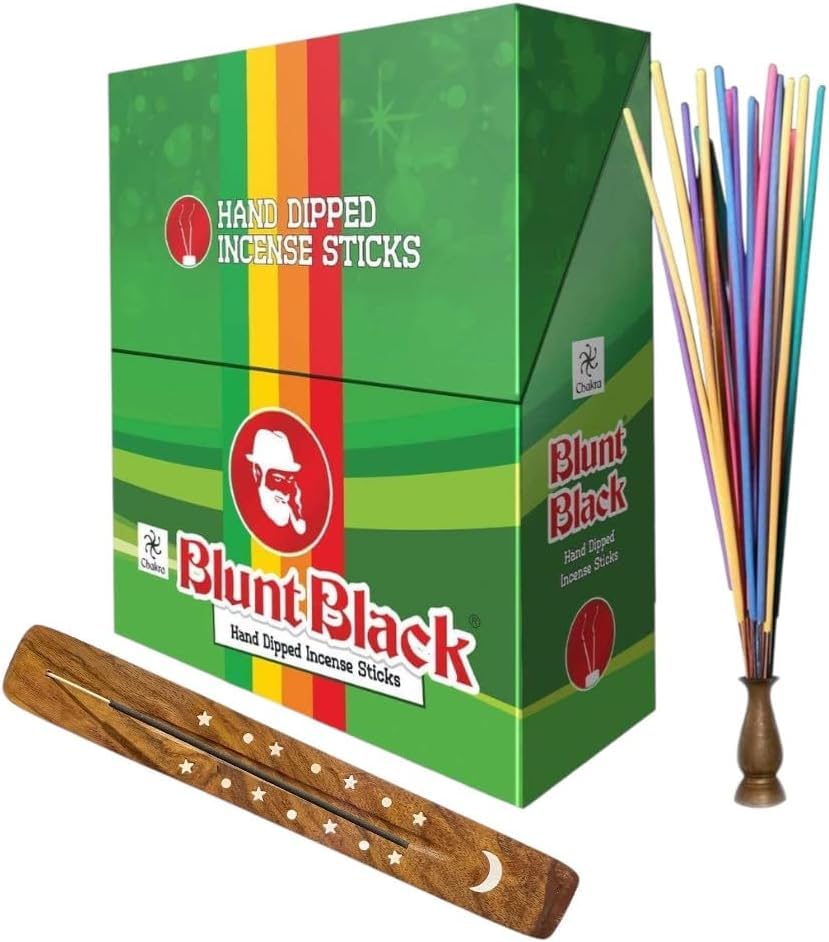 Photo 1 of Krishnascents Incense Stick Holder with Blunt Black Hand-Dipped Premium Incense Sticks I 12 Pack Variety Sets, 144 Total | 11" Long Slow-Burning Sticks