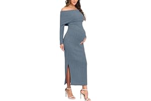 CYCLAMEN Off-Shoulder Maternity Sweater Dress Rib Knit Long Sleeve Dresses with Side Slit Pregnancy Clothes Baby Shower
