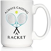 Bevvee Causing A Racket - Coffee Mug - Funny Tennis Themed Decor and Gifts - Large 15oz White Ceramic Mug
