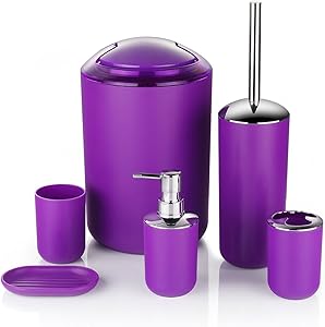 Zuvo 6 Pcs Plastic Bathroom Accessory Set Luxury Bath Accessories Bath Set Lotion Bottles, Toothbrush Holder, Tooth Mug, Soap Dish, Toilet Brush, Trash Can, Rubbish Bin (Purple)