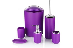 ZUVO Bathroom Accessories Set 6 Piece - Trash Can, Toothbrush Holder, Toothbrush Cup, Soap Dispenser, Soap Dish, Toilet Brush Holder - Modern Bahtroom Decor Set (Purple)