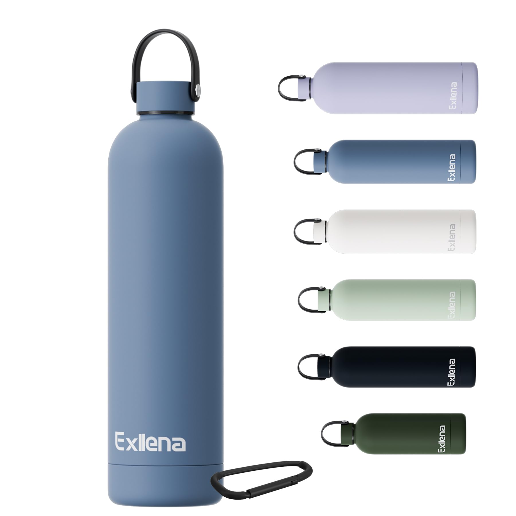 Exllena 1l Water Bottles Metal with Handle Lid and Carabiner, Double Wall Vacuum Drinks Bottle Keeps Drinks Cold 24 Hrs/Hot 12 Hrs, Stainless Steel Water Bottle BPA Free(Whale Blue)