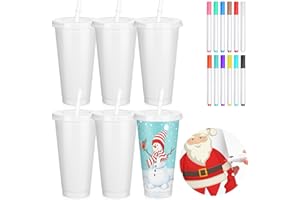 Yetene 6 Pcs Christmas Paint Your Own Cups with 12 Color Pen DIY Kit Paintable Plastic Cups with Lids and Straws Personalized Tumblers DIY Cups for Adults Christmas Gifts Color Your Own Craft(24oz)
