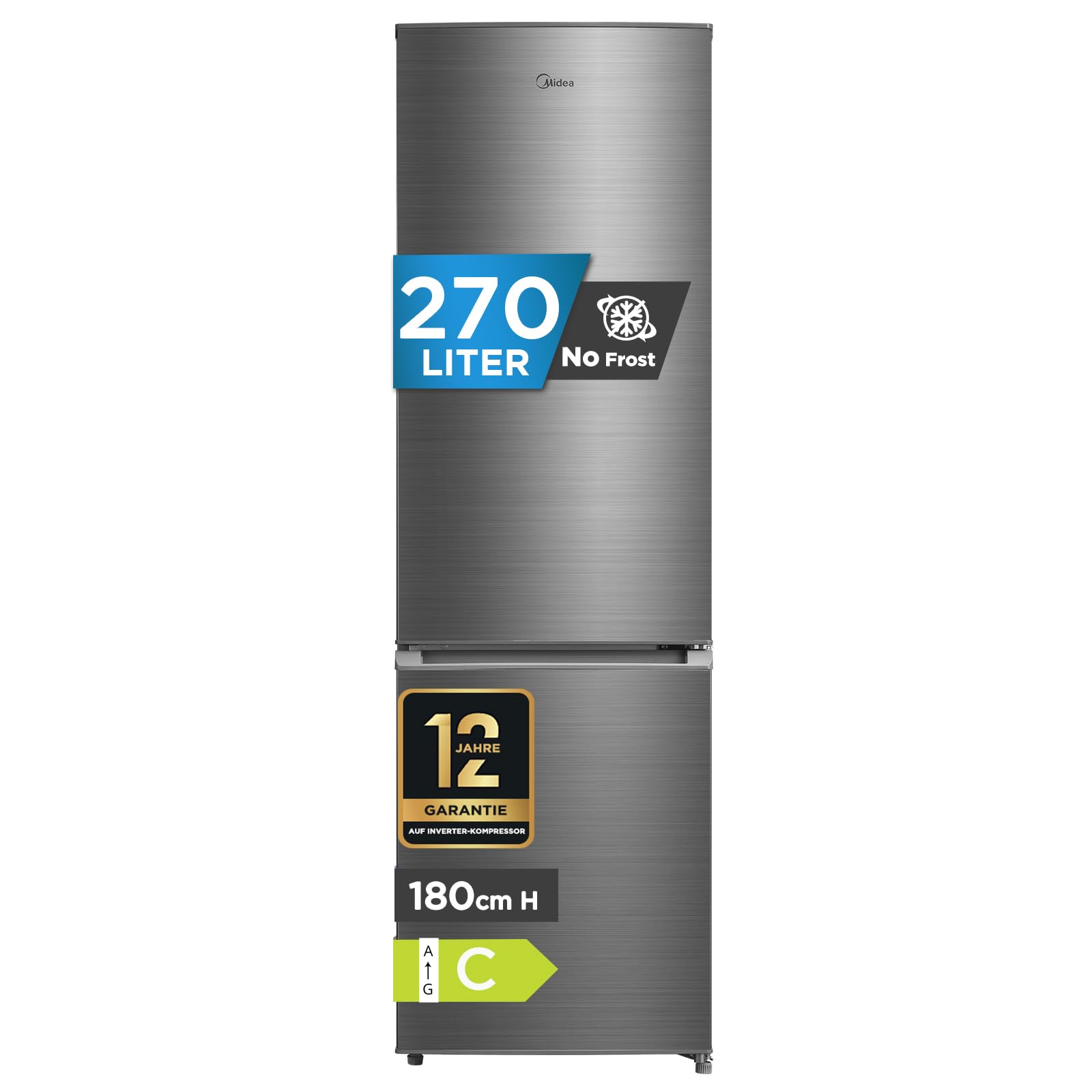 Midea Kühl-Gefrierkombination |270L Kühlschrank mit Gefrierfach | NoFrost, Inverter Kompressor, Super-Kühlfunktion, Multi-air Flow| Leise 38 dB, 140 kWh/Jahr | 180 cm Höhe, ‎Bru-stahl, MERB276FGC46EU