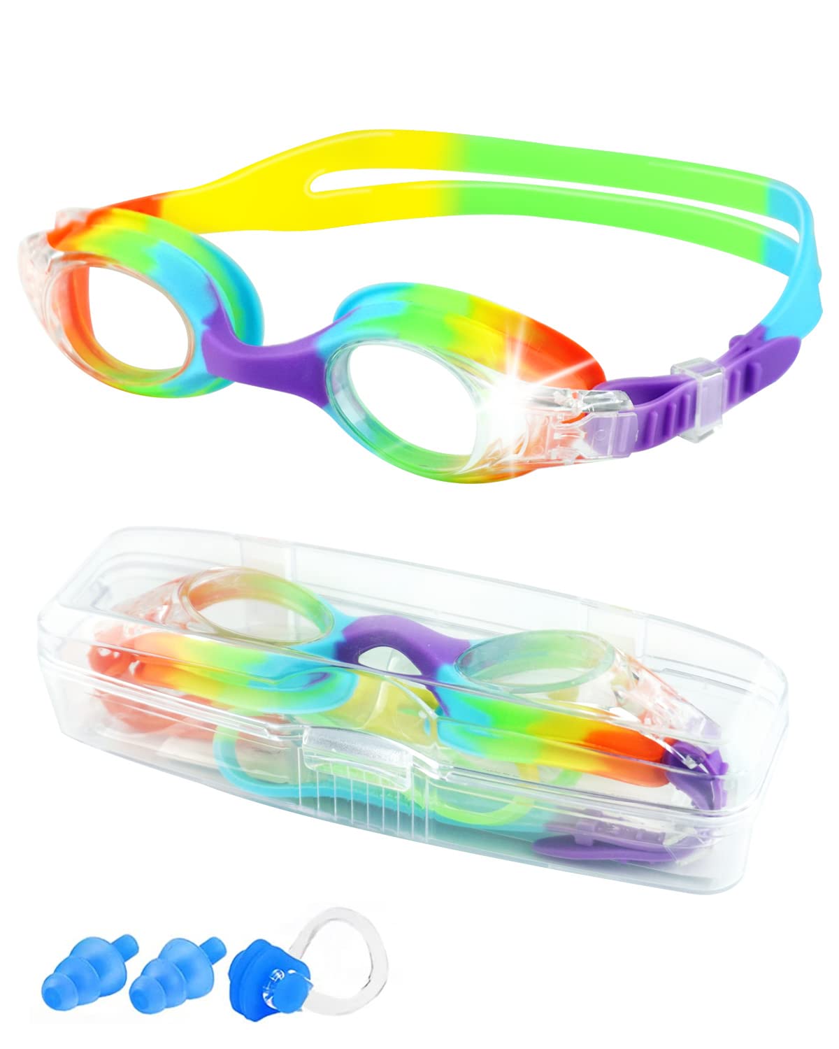 Victoper Kids Swimming Goggles 6-14 years, Waterproof HD Anti Fog No Leaking Wide Vision Soft Silicone Quick Adjust Split Yoke Comfort Strap, Girls Swimming Goggles Rainbow