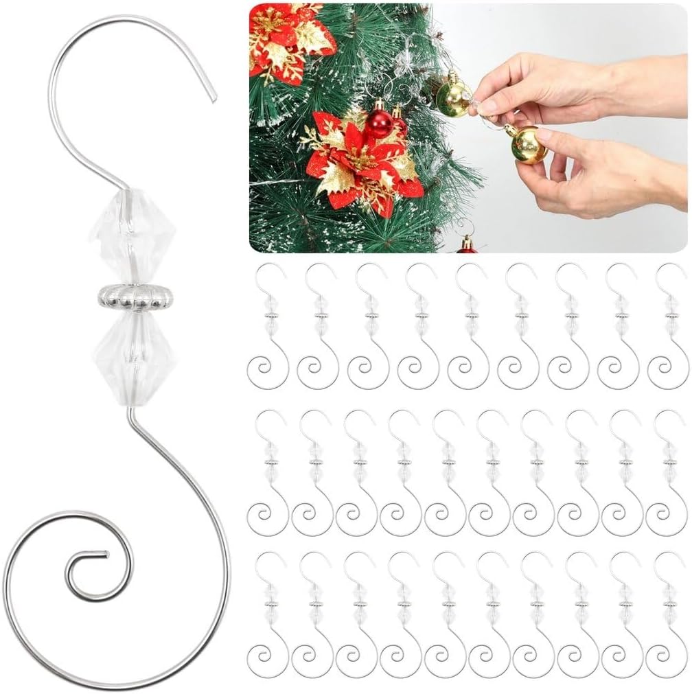 Ornament Hooks - Homaisson 30 PCS Christmas Ornament Hooks, Silver S-Shaped Hangers, Christmas Tree Hangers, Decorative Hanging Metal Hooks with Crystal Beads