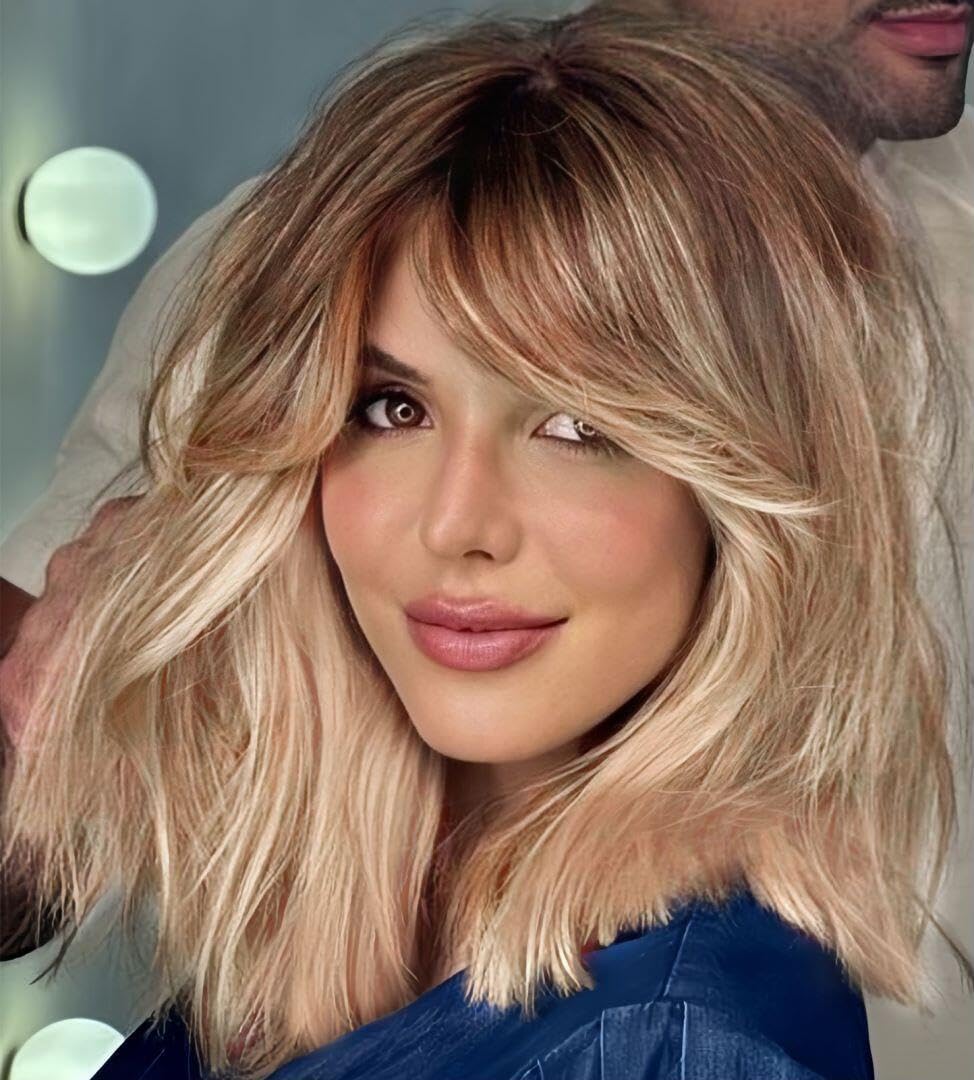 EMMOR Ash Blonde Wigs with Curtain Bangs Straight Synthetic Women's Wig Shoulder Length Heat-Resistant Wig for Daily Use Natural and comfortable