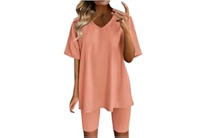 SHOPESSA Two Piece Summer Sets for Women V Neck Oversized T Shirts Tops Biker Shorts Set Workout Tracksuit Casual Lounge Sets