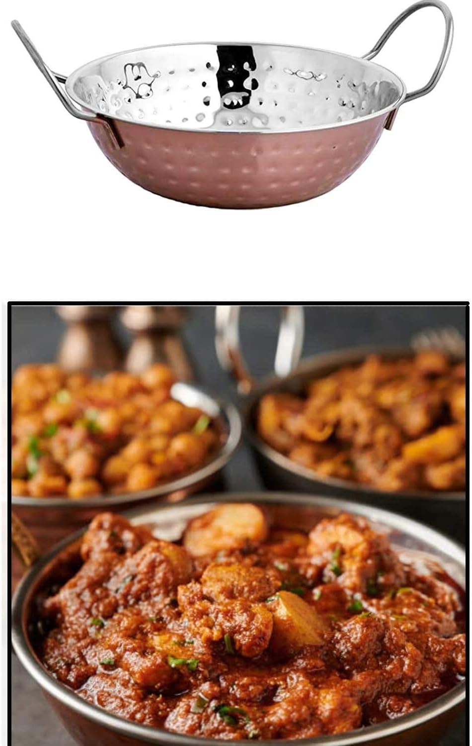 EVOKK Set of 6 Indian Copper Balti Dishes 20cm Traditional Curry Bowls with Handles Handcrafted Copper Pots for Indian Food & Restaurant Serving - Image 5