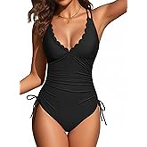Daci Women's One Piece Swimsuits - Tummy Control Bathing Suit Scalloped V Neck Full Coverage Tie Side Strappy Swimwear 2026