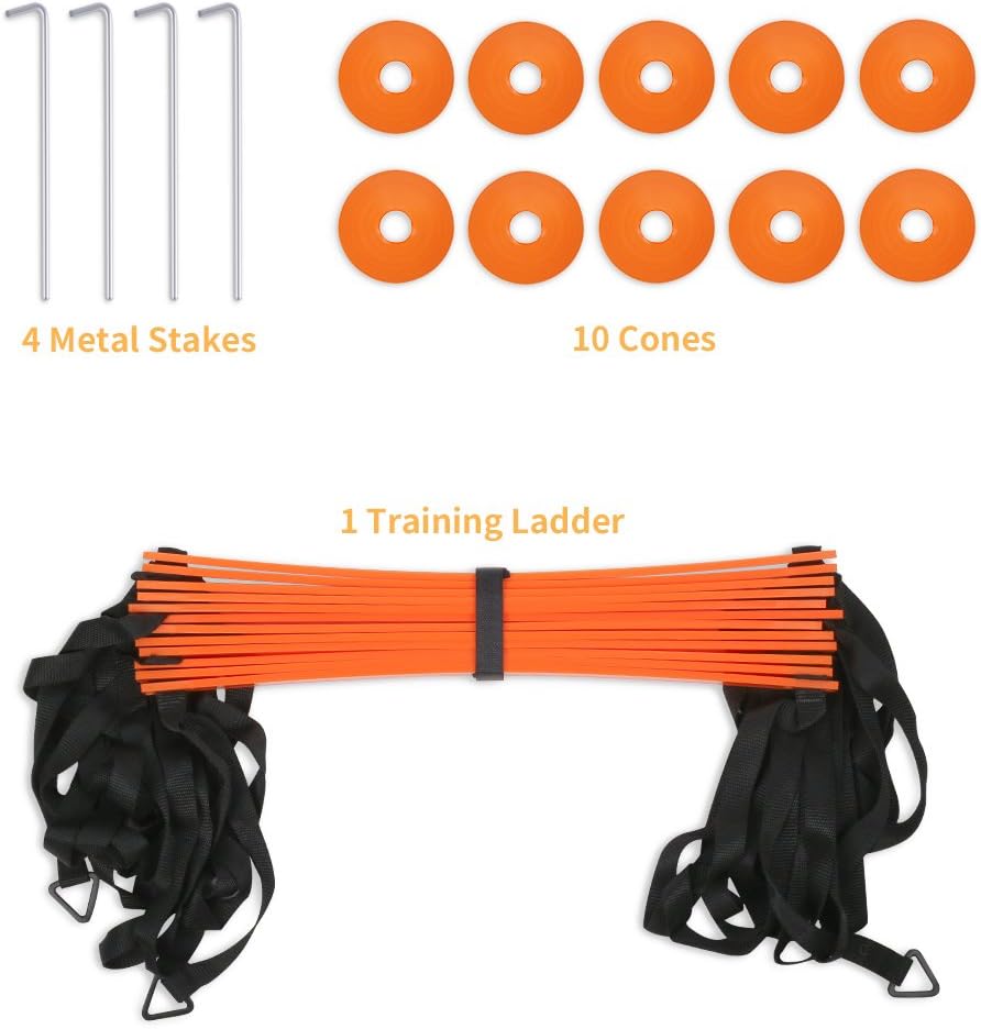 YISSVIC Agility Ladder and Cones 20 Feet 12 Adjustable Rungs Fitness Speed Training Equipment, 20 Feet Speed Agility 1 Carry Bags, 10 Cones, 4 Stakes, Basketball, Soccer, Football (Orange) : Sports & Outdoors