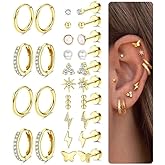 FIASASO Flat Back Gold Earrings for Women Trendy Hypoallergenic Surgical Steel Earrings for Sensitive Ears-20G Cartilage Earring Stacks 14K Gold Plated Small Flatback Stud Hoops Cartilage Earring Set