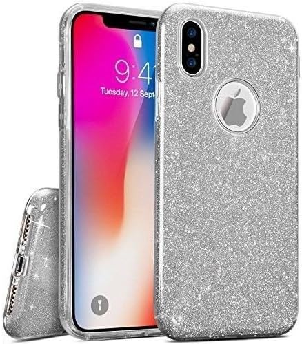 SENCEE iPhone X Case, iPhone X Glitter Case, Bling Glitter Pretty Cute Case for Girls Lady Women 3 Layer Hybrid Anti-Slick Protective Soft Slim Thin TPU Cover Case for iPhone X iPhone 10 (Silver)