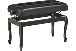 HOMCOM Adjustable Height Piano Bench Stool, PU Leather Button Tufted Padded Keyboard Seat with Rubber Wood Legs, Black