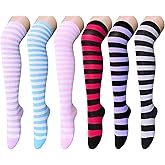 Striped Thigh High Socks - Christmas Over the Knee High Stockings for Women Teen Girls
