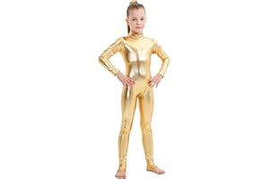 YgneeDom Girls Shiny Metallic Long Sleeve Unitard Spandex One Piece Wet Look Kid Bodysuit