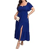 SCOMCHIC Womens Plus Size Maxi Dress Formal Short Sleeve Square Neck Smocked Side Split Flowy A Line Tiered Long Dress