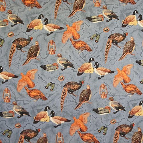 45" Wide Highland Birds on Slate Blue Map 100% Cotton Fabric Bird Watching Ducks Pheasant Designer Patty Reed ℳ - Sold by the Yard (0.9m)