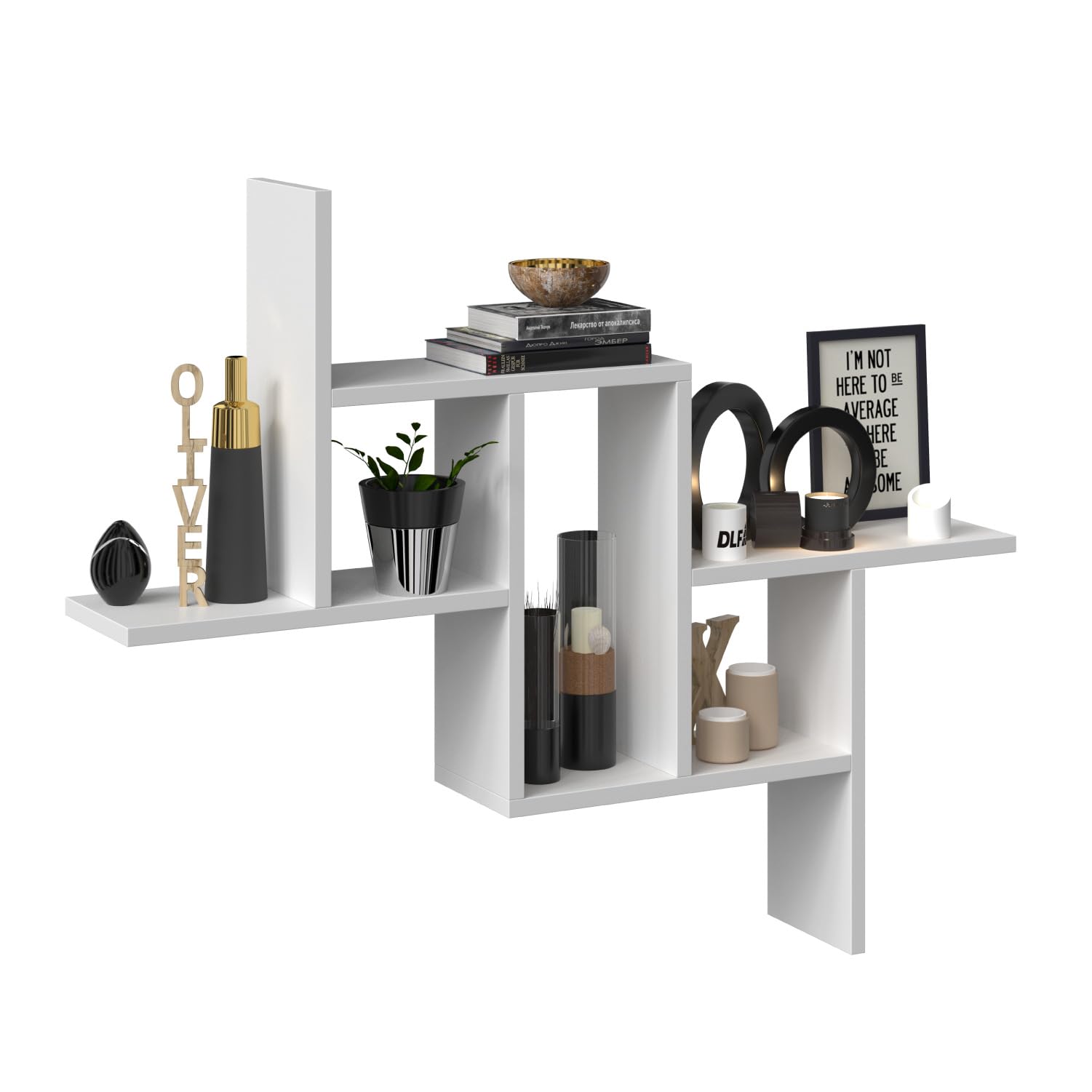 WHATSIZE ENTERPRISE – Fiesta – Decorative Interior Wall Shelf for Home, Bedroom or Office - Book or Ornament Display, White Geometric Shelf