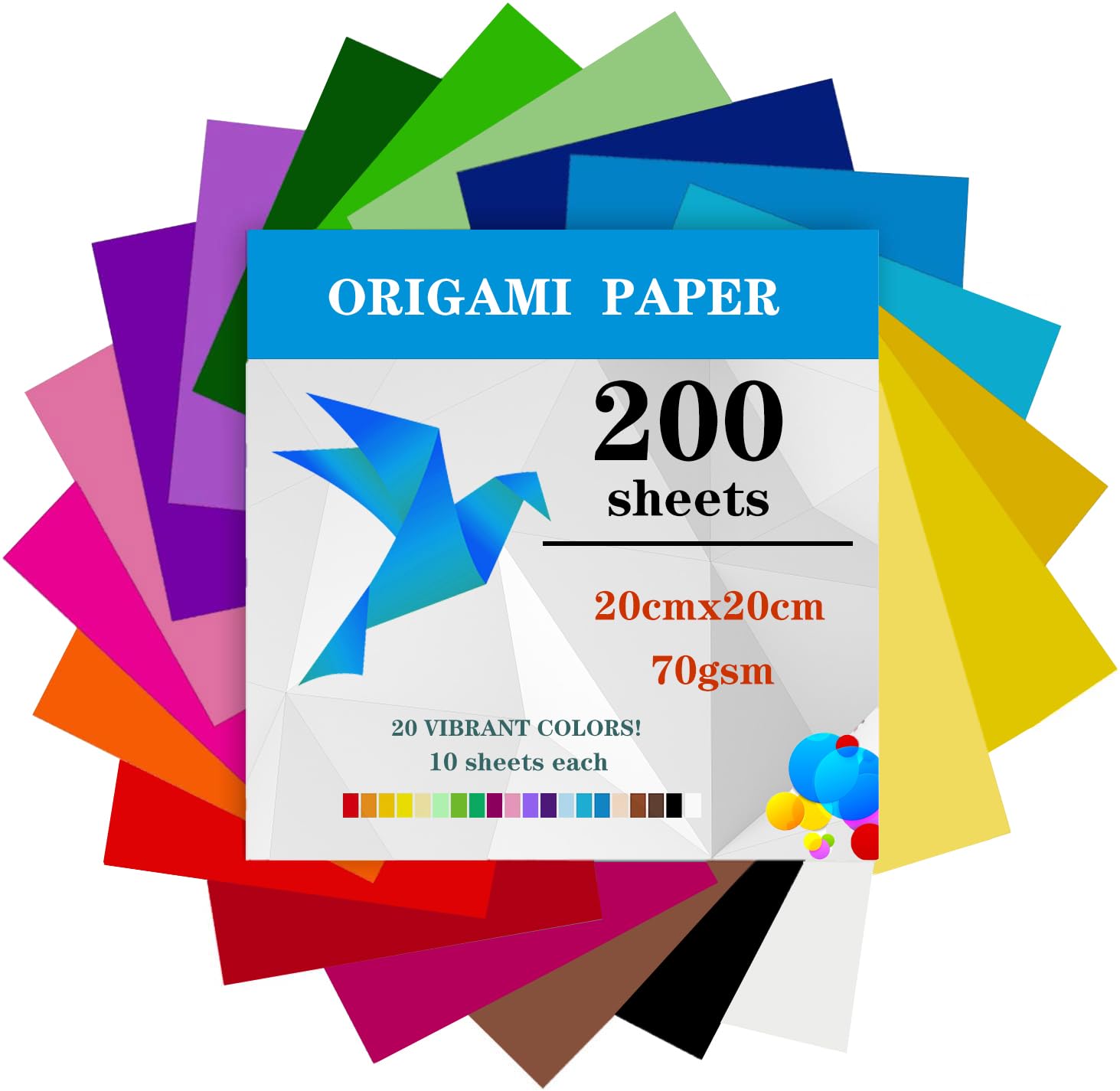200 Sheets Origami Paper, 20x20 cm/8 Inch Origami Paper Double Sided(70gsm), 20 Colors Large Origami Squares for Kids DIY School Arts Crafts Projects Children Adults