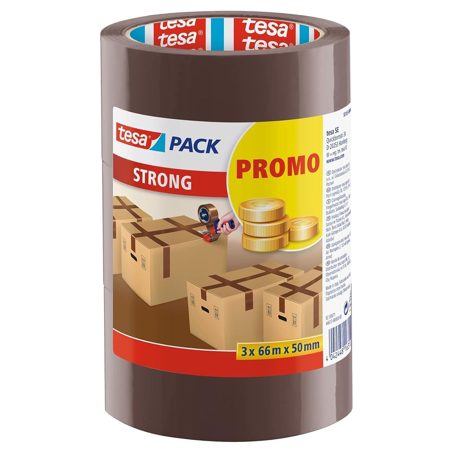 tesa SE Strong Low Noise Parcel Tape for Packing Parcels and Shipping Boxes - Brown - 3 Rolls of 66 m Each - 50 mm, 66 m: 50 mm, 66 m: 50 mm