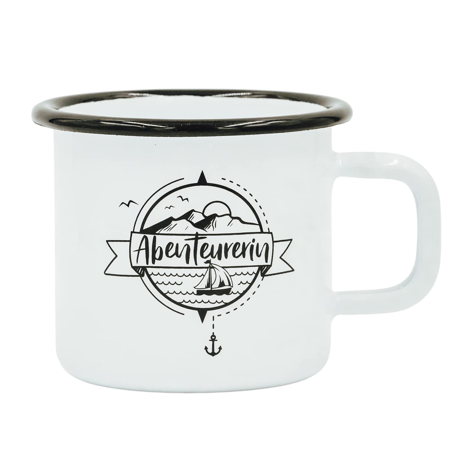 Him & I® - Enamel mug with quote "Adventurer" | Outdoor enamel mug | Robust, lightweight and shatterproof | Printed on both sides | for camping, trekking and hiking