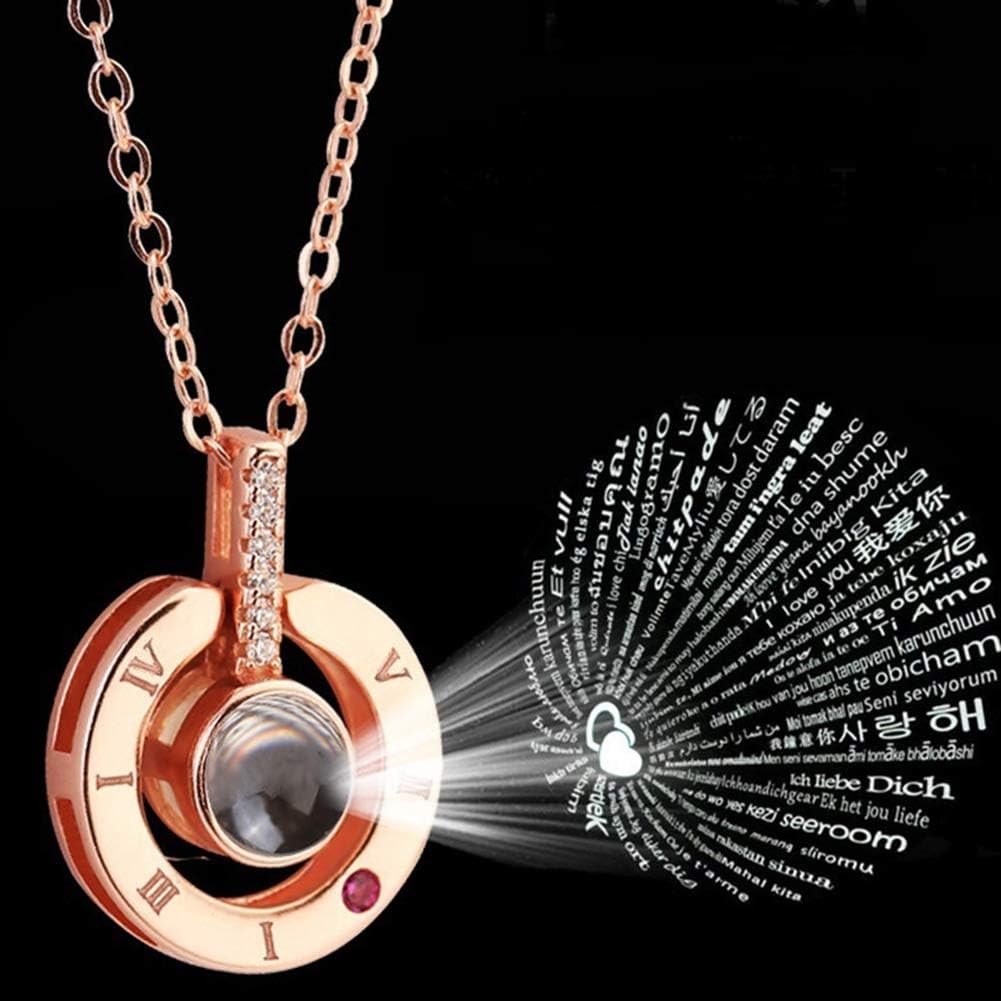 Jetloter I Love You Necklace, 100 Languages Projection on Round Onyx Pendant Collarbone Necklace Rose Gold