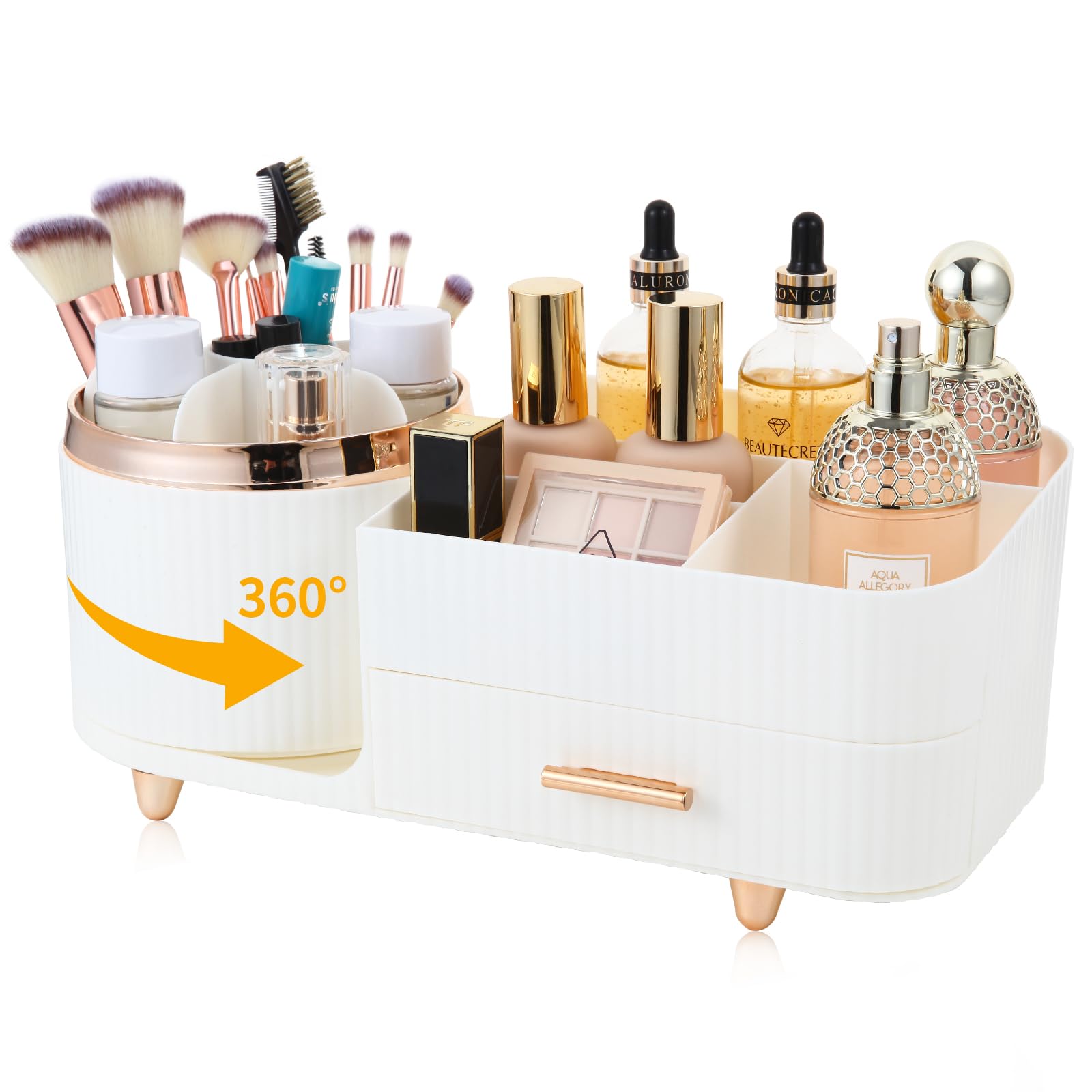 Photo 1 of Zufudo Makeup Organizer Countertop with Drawer 360 Rotating Brush Holder Storage Large Capacity Skincare Cosmetic Display Cases for Vanity Bathroom Desktop, Model 3016 White
